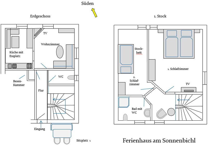 Grundriss des Ferienhäusles mit Erdgeschoss (Küche, Wohnzimmer, WC, Flur) und 1. Stock (zwei Schlafzimmer, Bad mit WC)