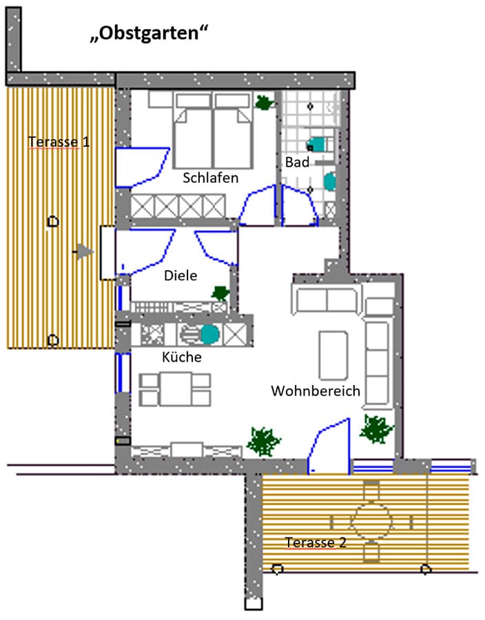 Grundriss der Ferienwohnung Obstgarten mit Schlafen, Bad, Diele, Küche, Wohnbereich und zwei Terrassen