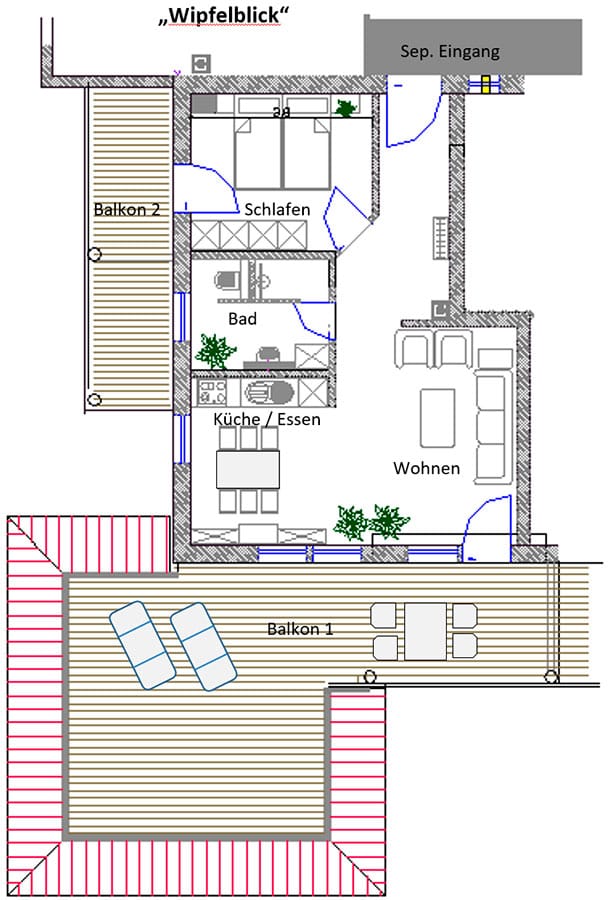 Grundriss der Ferienwohnung Wipfelblick mit Schlafen, Bad, Küche/Essen, Wohnen und zwei Balkonen